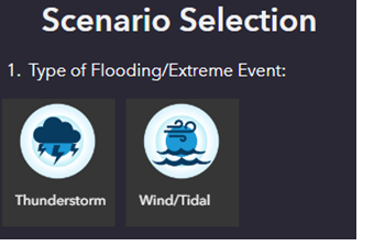 Tool screenshot image of scenario selection buttons for type of flooding or extreme event and includes buttons for a thunderstorm event or wind/tidal event.