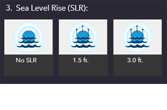 Tool screenshot image of scenario selection buttons for sea level rise and include no sea level rise, 1.5 feet sea level rise, and 3 feet sea level rise.